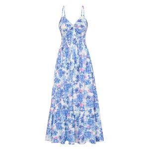 Floral Blue and Pink Maxi Dress Floral Boho Beach Flowy with Packets